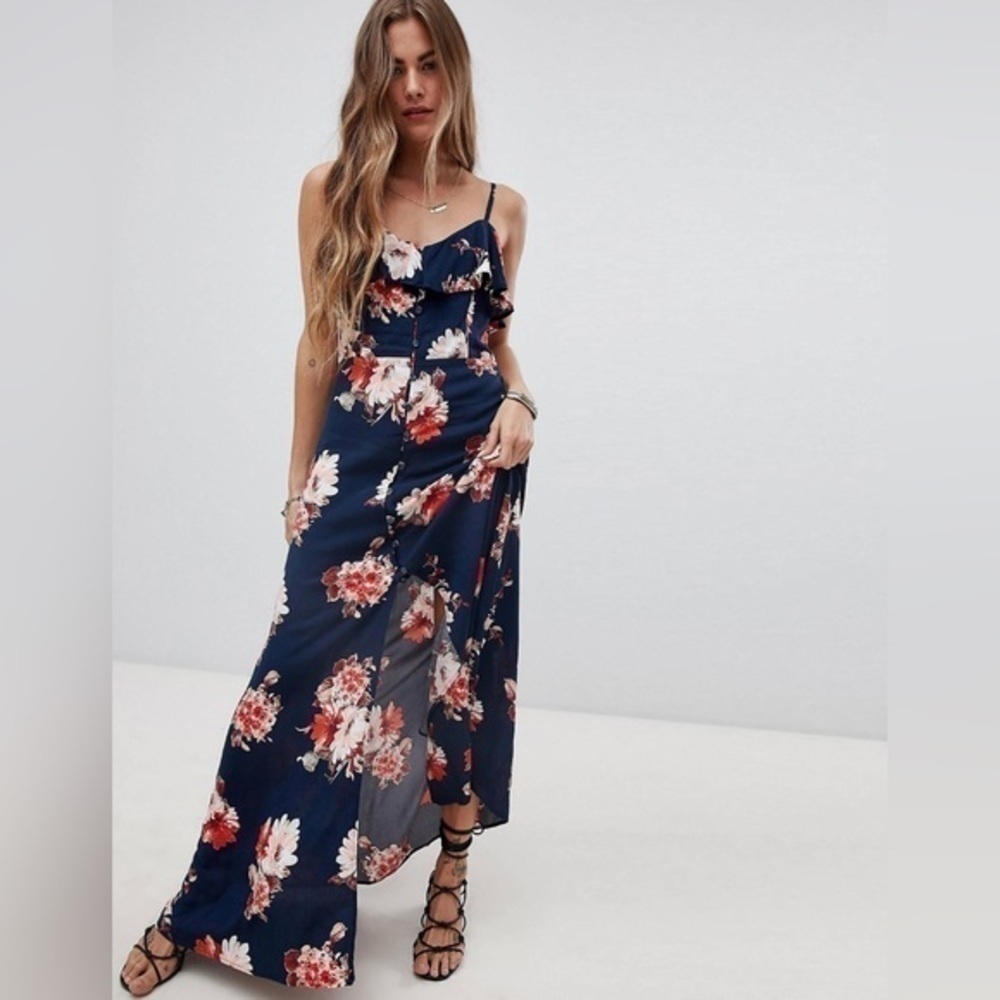 Band Of Gypsies Button Front Down Flounce Floral Maxi Dress 💕 - Picture 2 of 16
